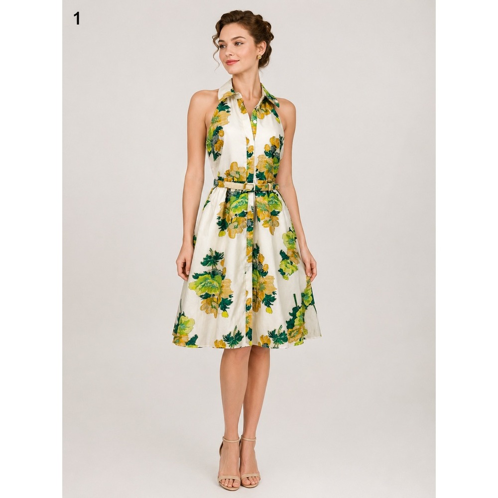 Belle Badgley Mischka Floral Halter Dress Womens 2 White Belted Fit Flare NWT